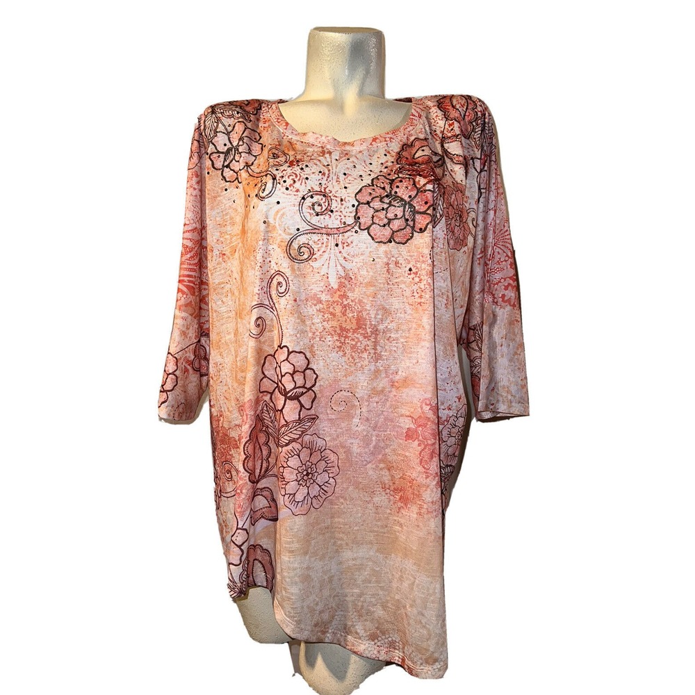Avenue Womens Plus Size 18 Tattoo Sunset Floral Rhinestone 3/4 Sleeve Tunic Top